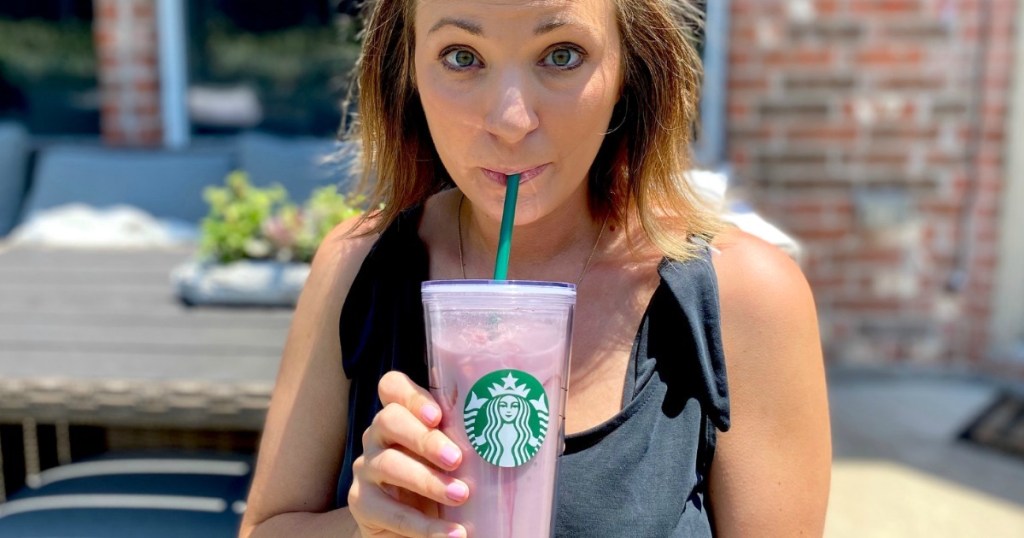 woman drinking homemade keto Starbucks pink drink 
