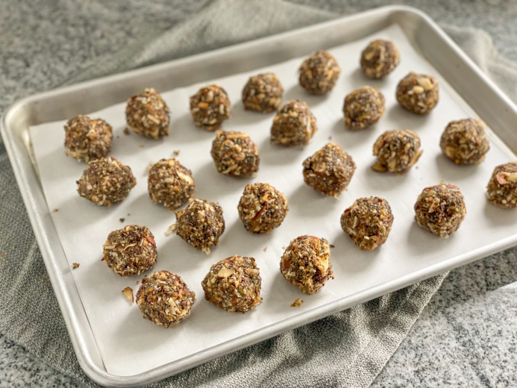 keto protein balls on a baking sheet