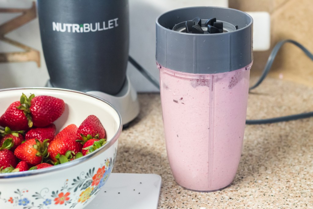 low carb keto strawberry banana smoothie in a nutribullet