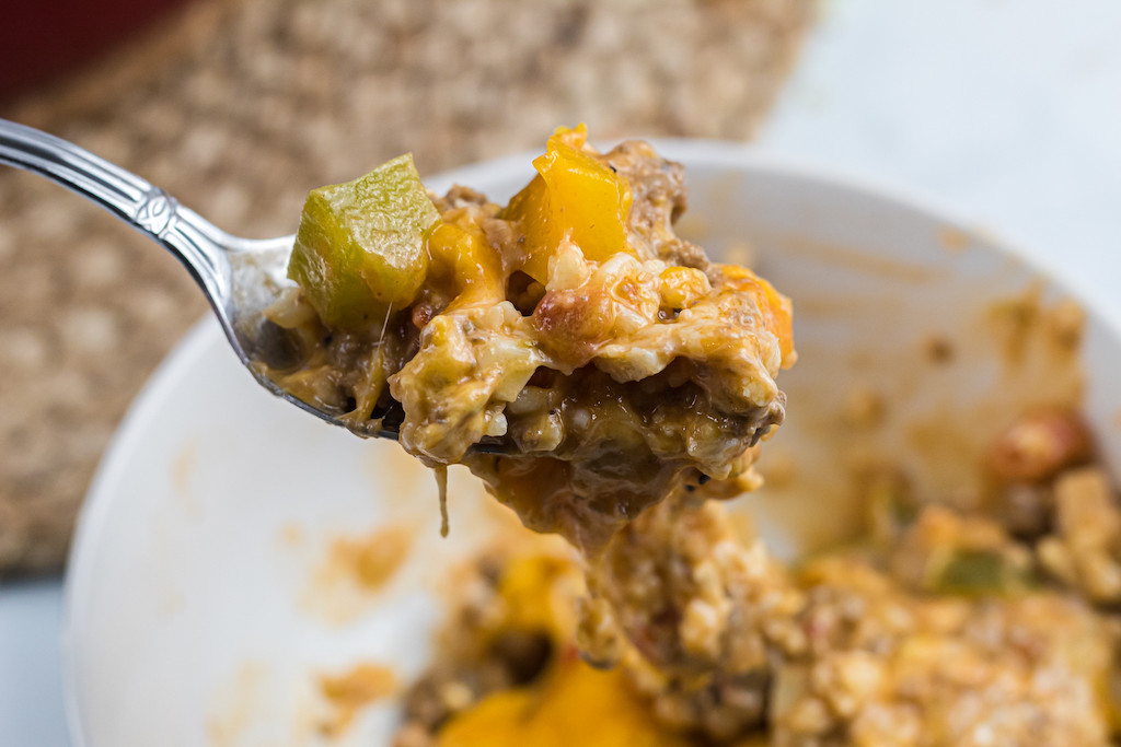 stuffed bell pepper casserole on spoon 