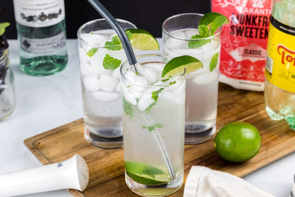 three keto mojitos on a tray