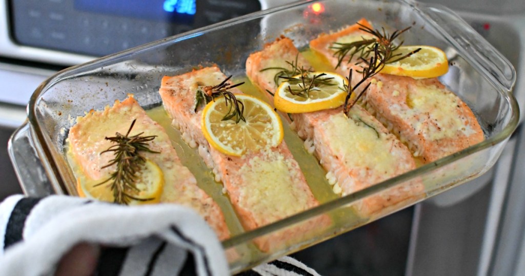 taking salmon out of oven