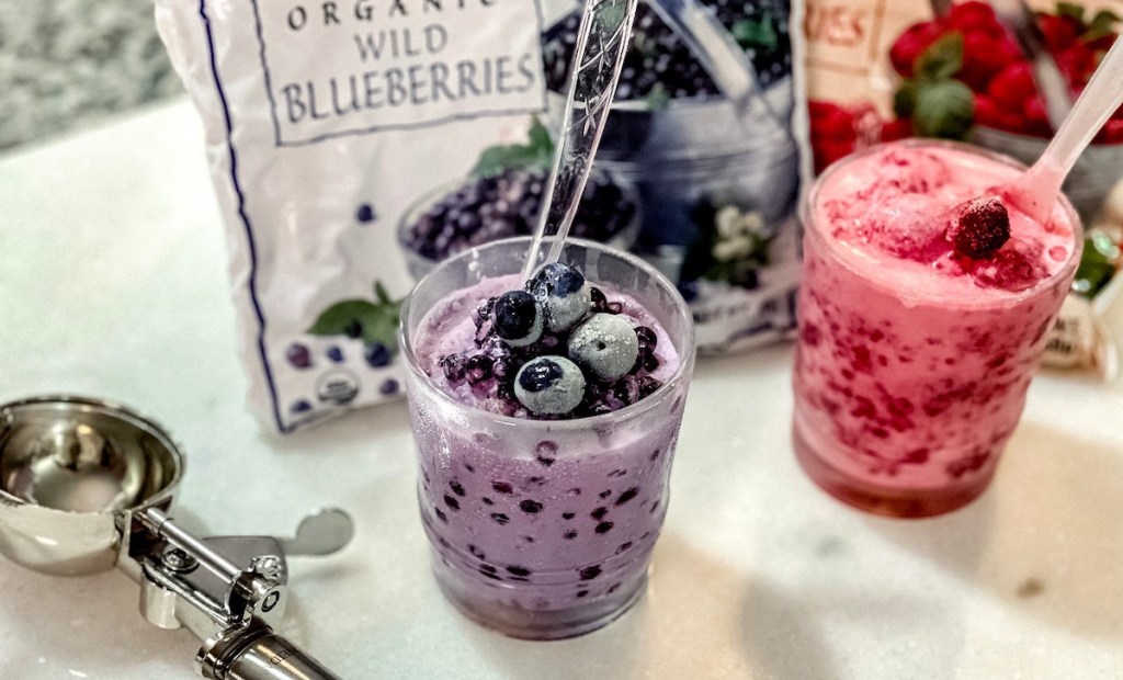 glasses full of 3 ingredient keto berry ice cream and fresh blueberries on top