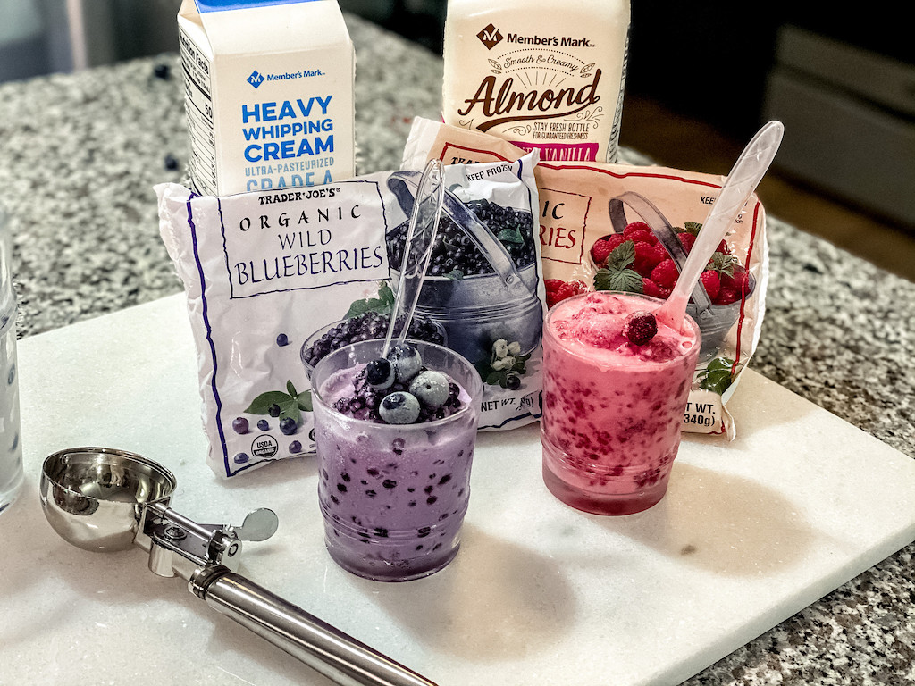 berry keto ice creams sitting on counter with ingredients 