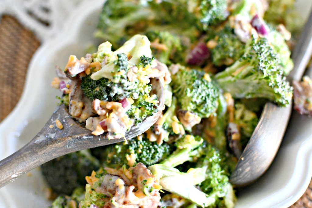 bowl of bacon broccoli salad with a spoon