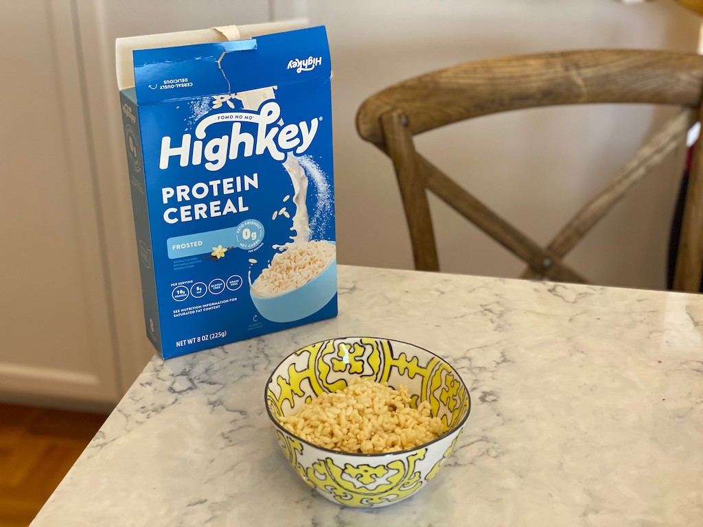 HighKey protein cereal on counter 