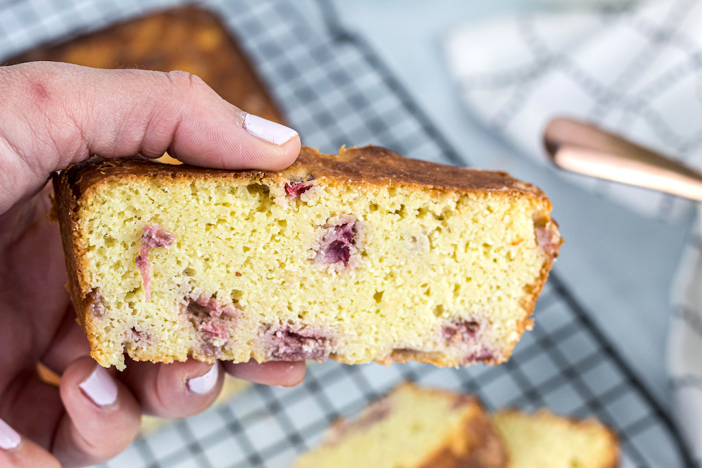 holding keto strawberry shortcake slice