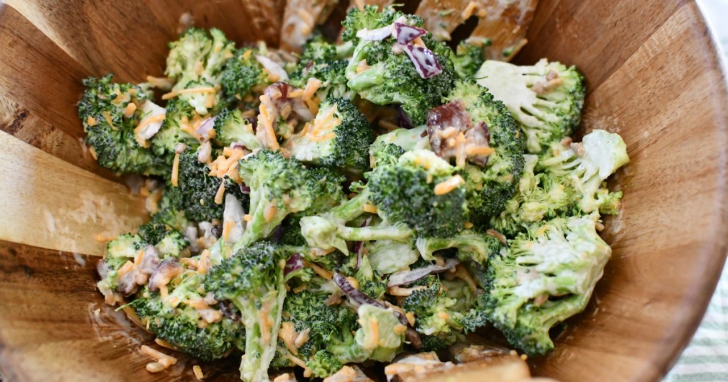 keto broccoli bacon salad in wood bowl 