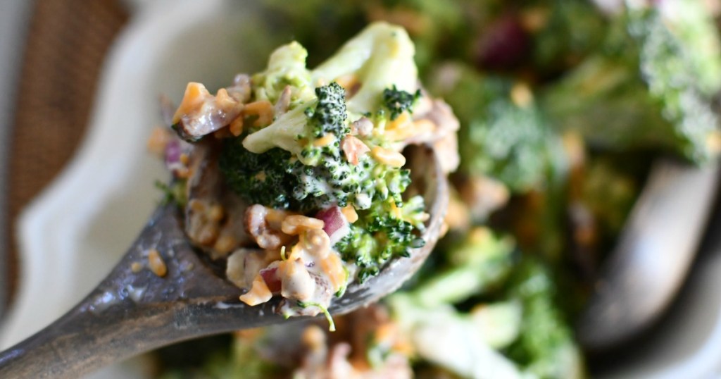 keto broccoli bacon salad on spoon 