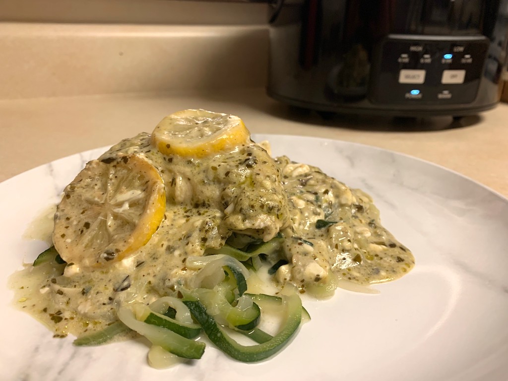 keto crockpot lemon pesto chicken on plate 