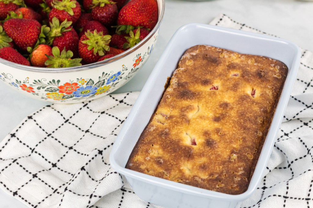 loaf of keto strawberry shortcake pound cake