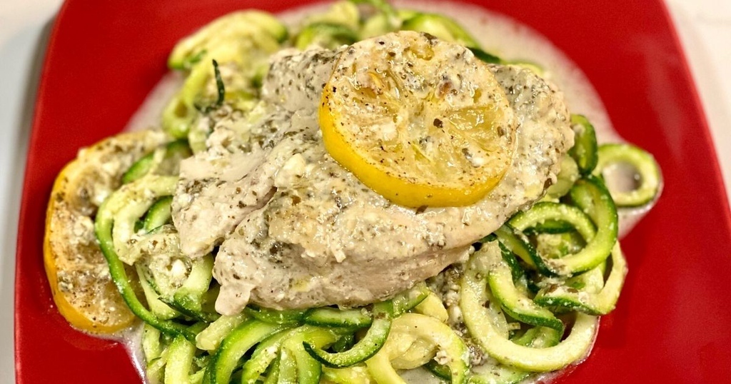 lemon pesto chicken with noodles on plate 