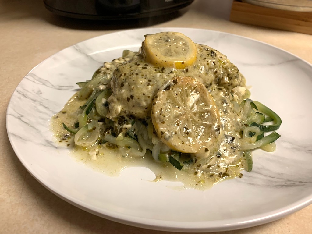 Crockpot Lemon Pesto Chicken with Zucchini Noodles Hip2Keto