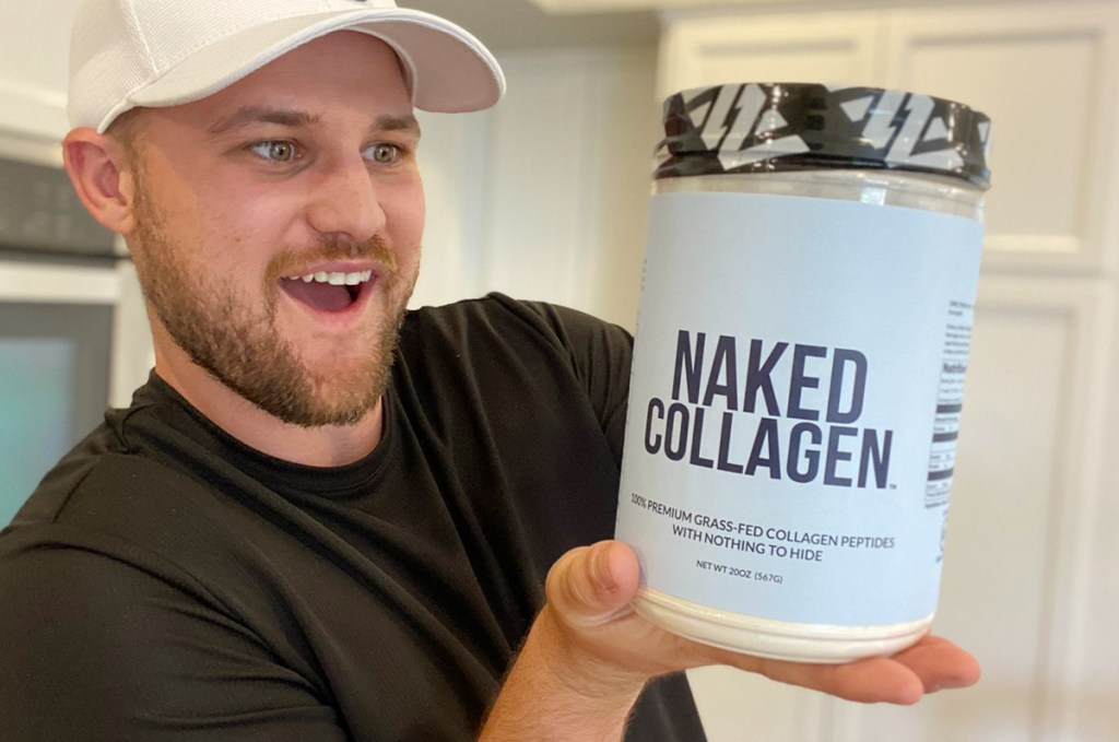 man holding container of naked collagen