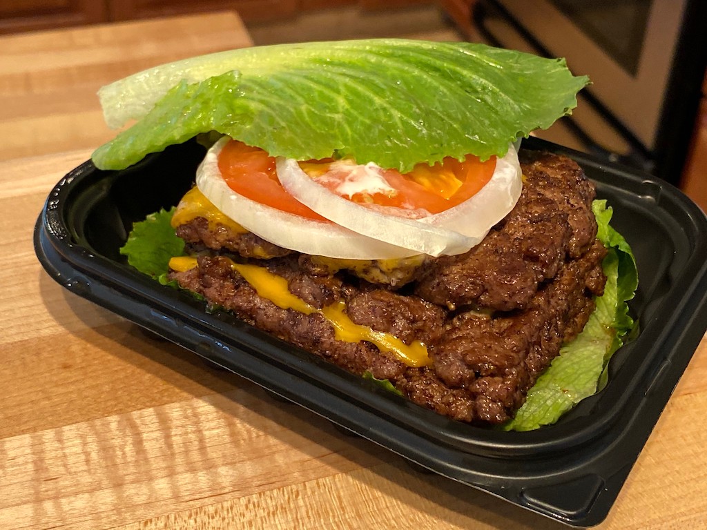 Wendy's bunless double cheeseburger with lettuce, tomato, and onion