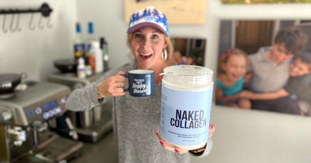 woman holding coffee cup and Naked Collagen canister