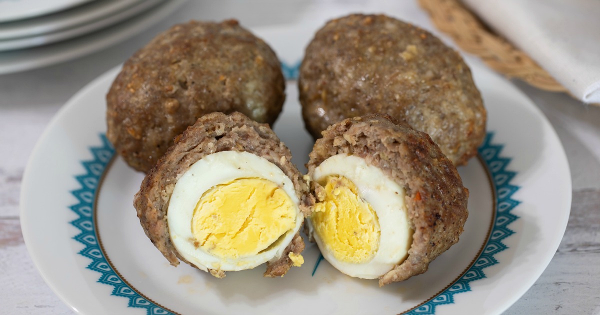 2 scotch eggs on a plate cut open carnivore diet snacks