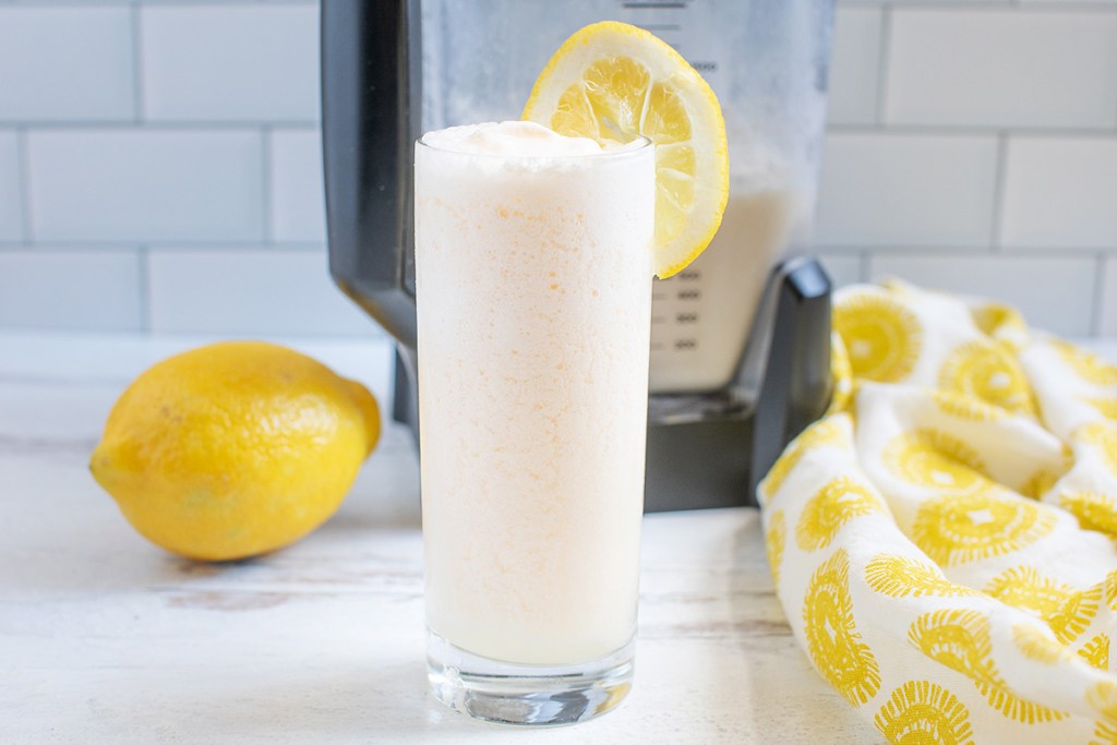 Keto Frosted Lemonade in glass on counter