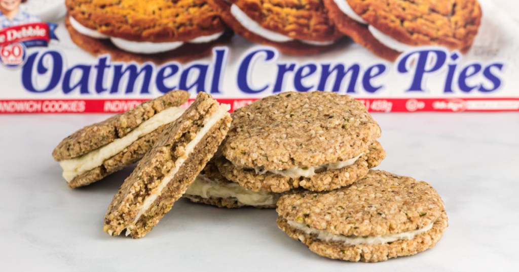 5 keto oatmeal cream pies on marble counter