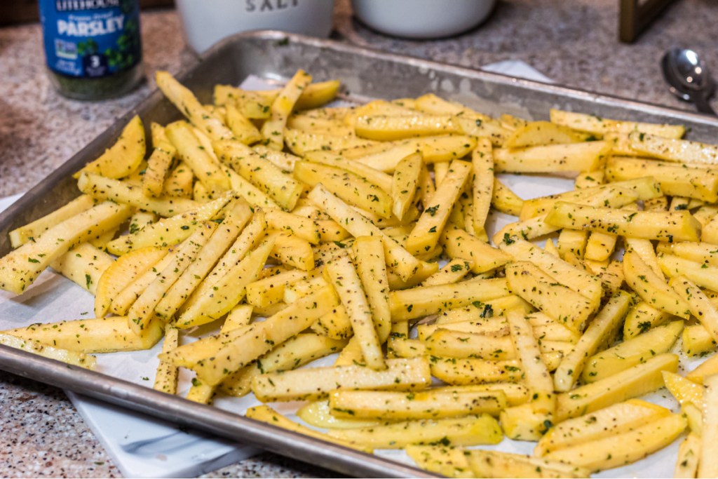 Rutabaga fries on baking sheet