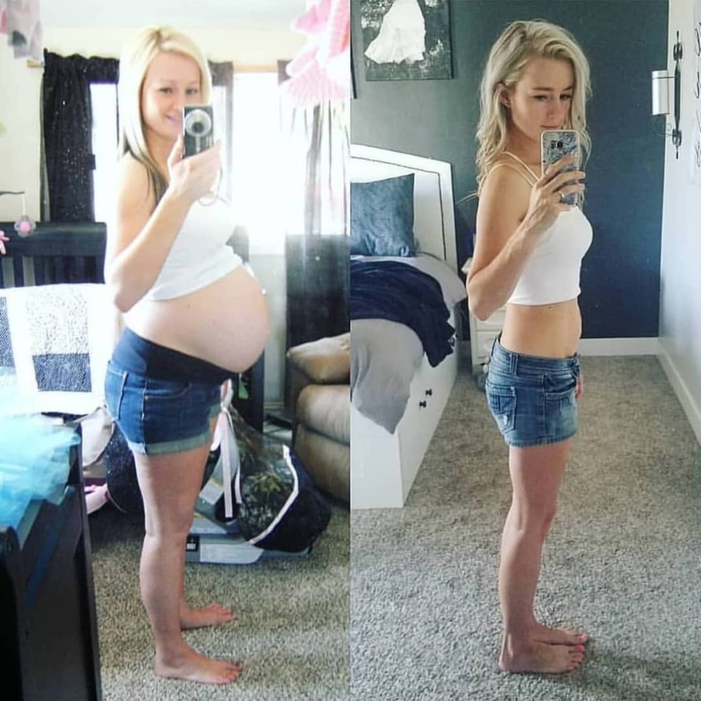 side-by-side photos of a woman during and after pregnancy