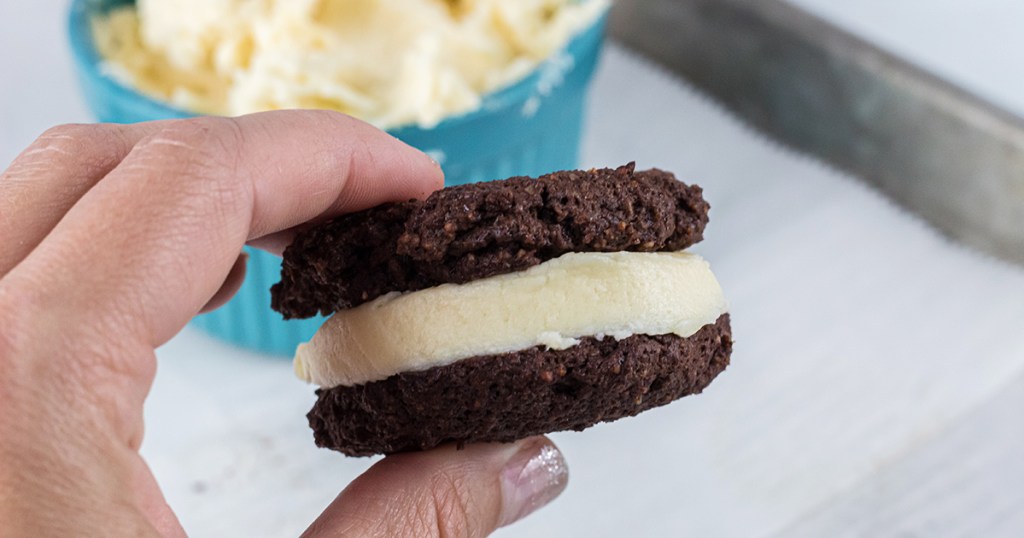 keto whoopie pie in hand