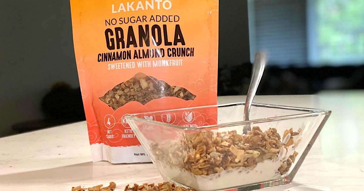 Lakanto no sugar added granola on counter with bowl of granola 