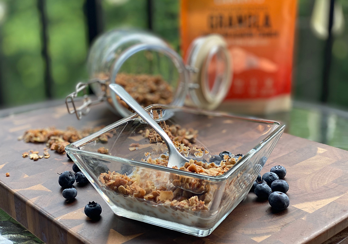 lakanto granola in bowl with blueberries