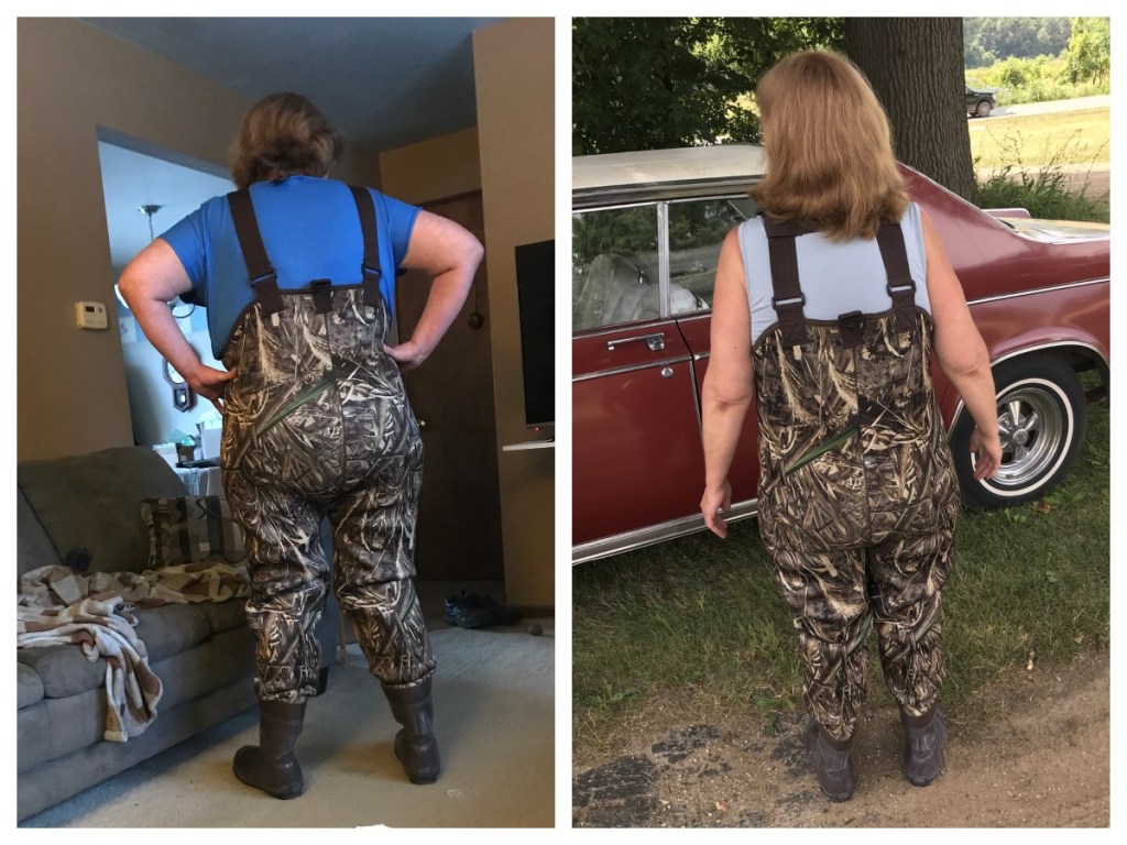 back of woman wearing camoflauge waders in side-by-side photo