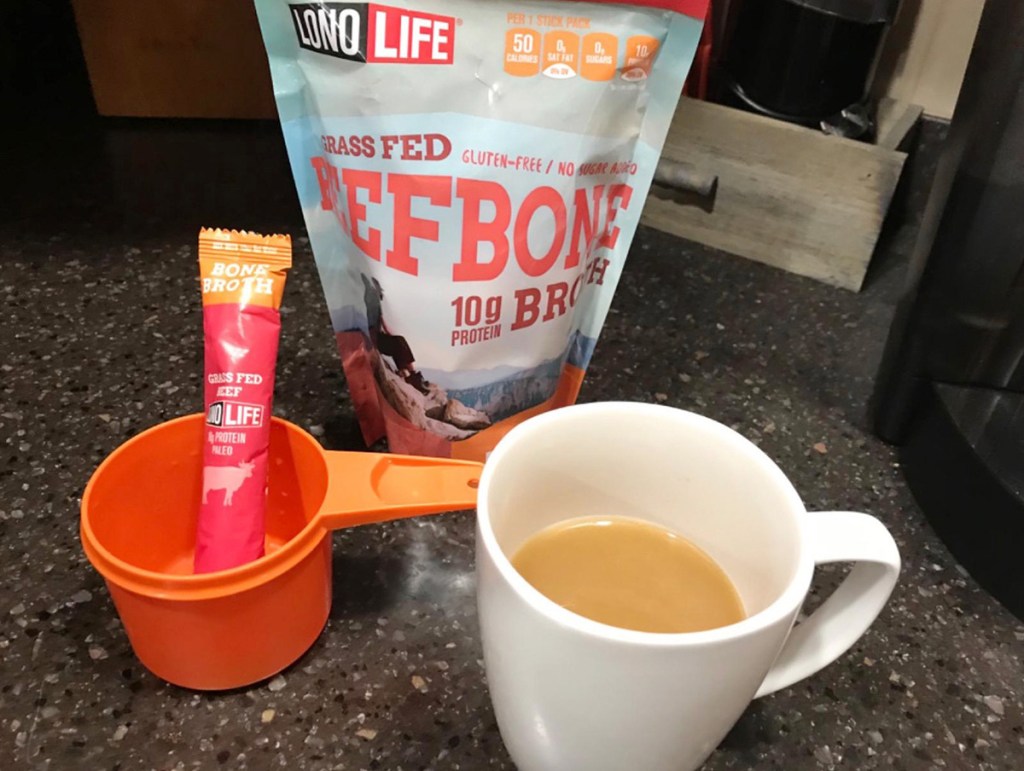 lono life bone broth in cup on counter