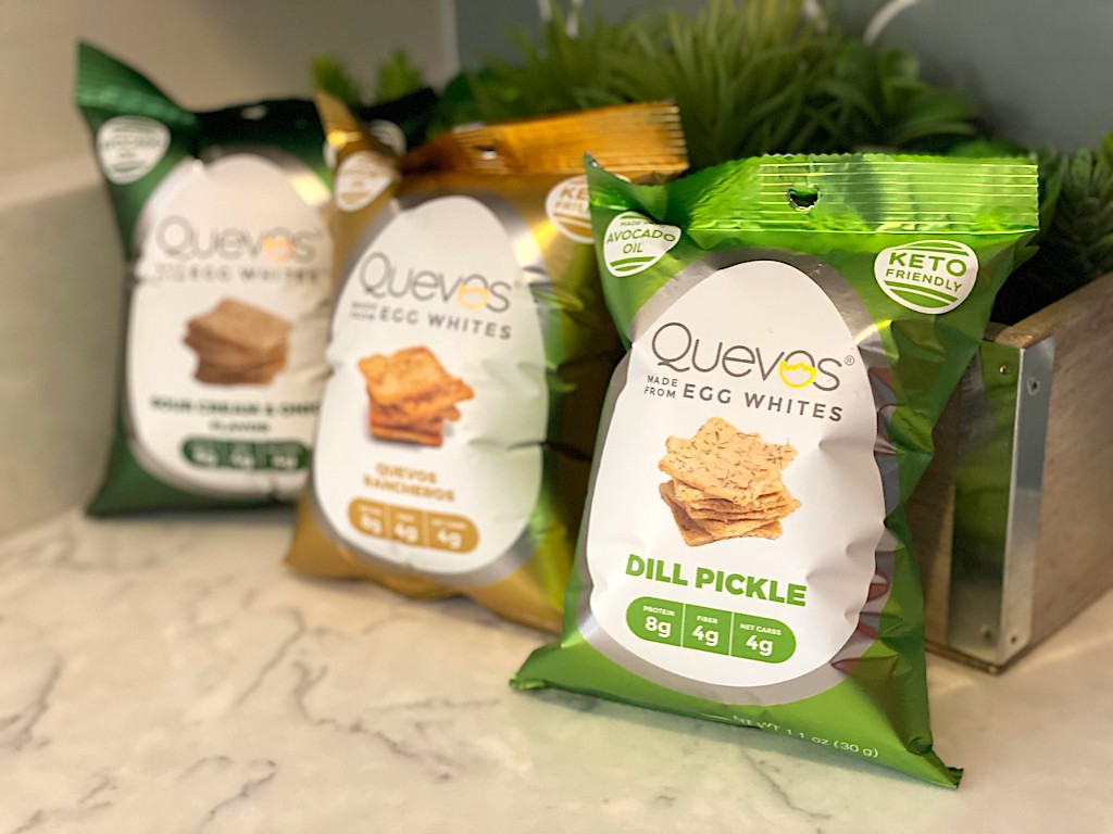 three bags of Quevos keto chips on counter