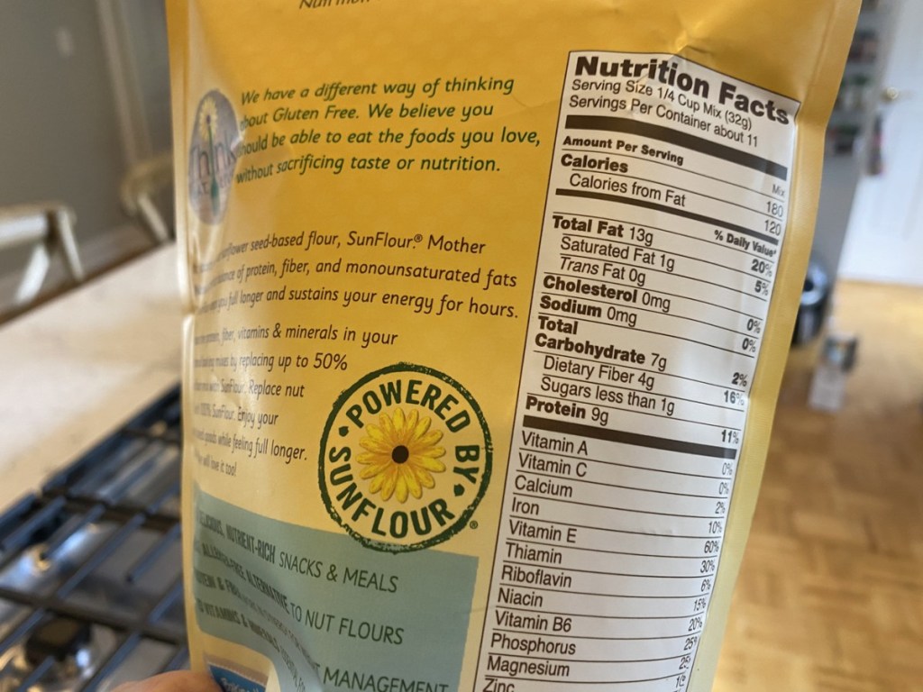 back of SunFlour bag showing nutritional info