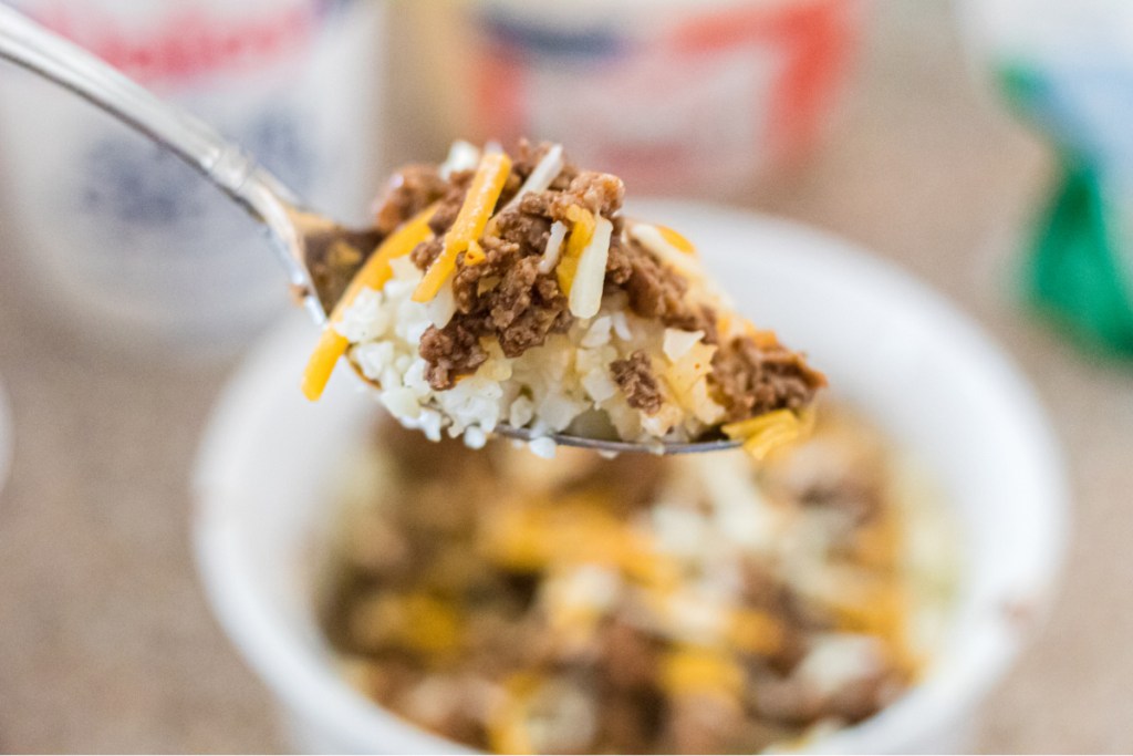 spoonful of cauliflower rice taco bowl