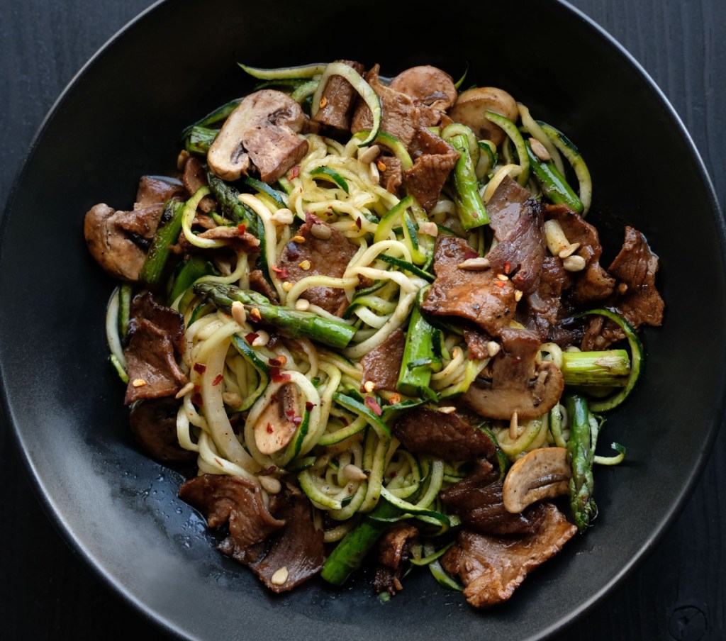 a HuHot Grill keto bowl with zucchini noodles