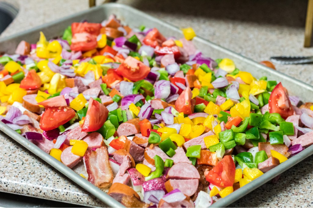 a sheet pan of veggies and meat