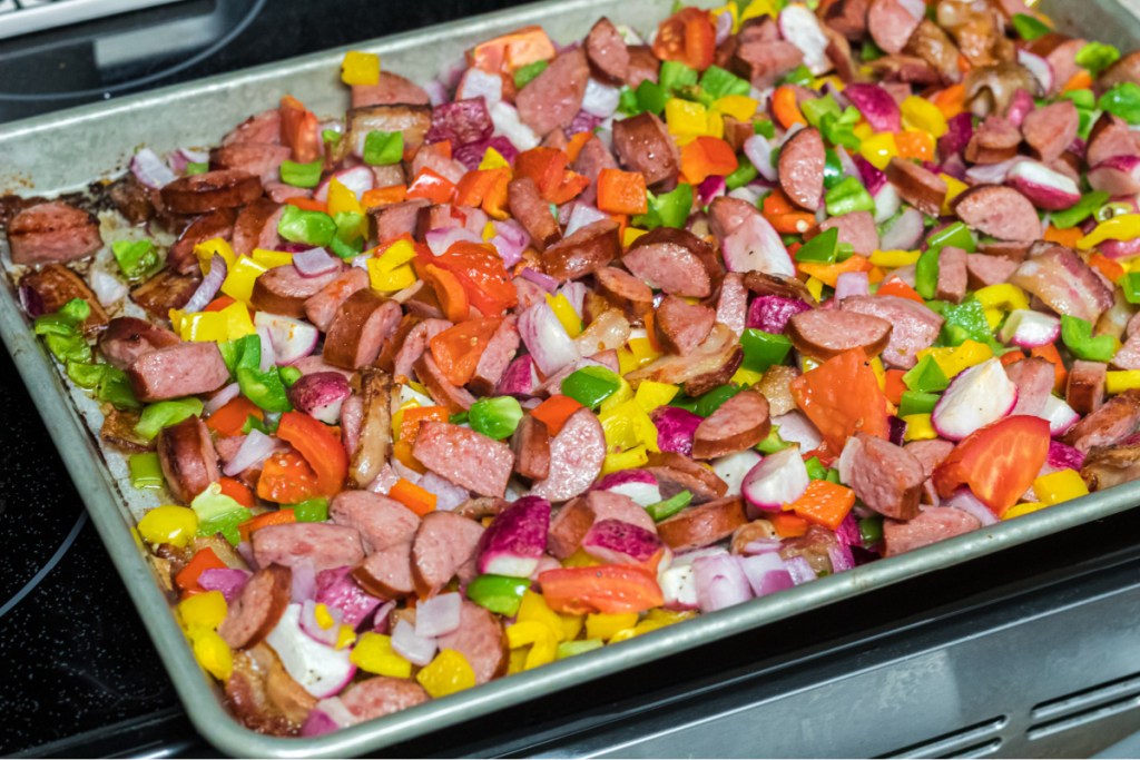 keto breakfast sheet pan on the stove