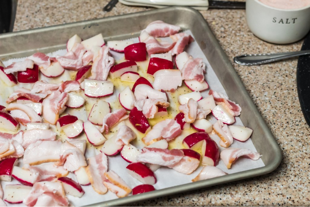 radishes and bacon on sheet pan