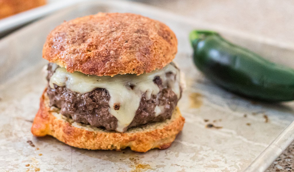 Keto Stuffed Burger on a pan