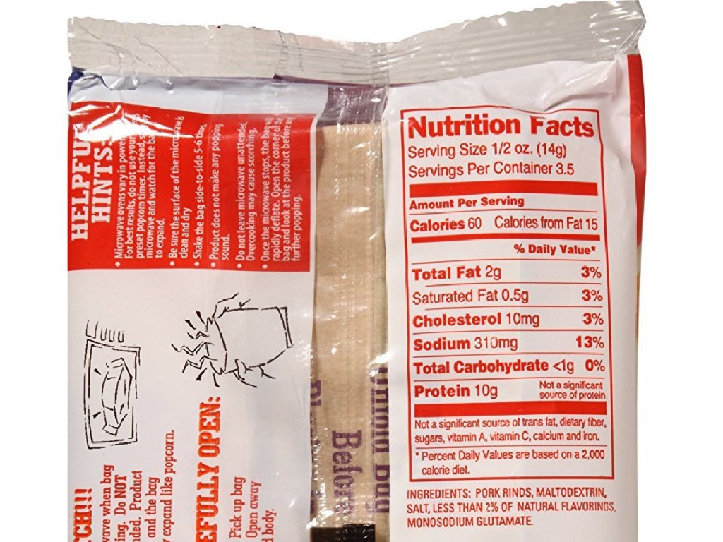 back of pork rinds bag with nutrition facts label
