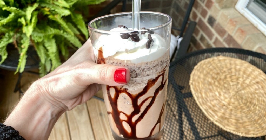 Starbucks inspired double chocolate chip keto frapp in clear glass