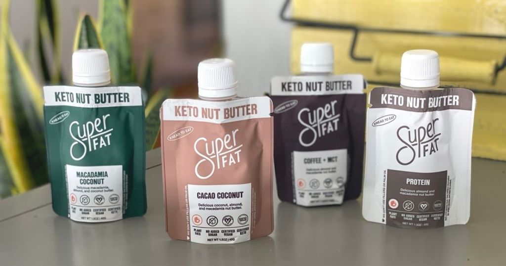 Superfat nut butter pouches on a counter