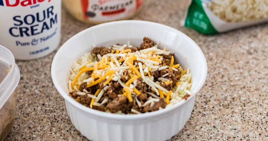 bowl of cauliflower rice with ground beef and cheese