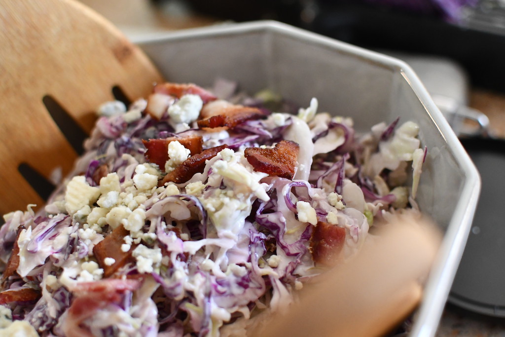 close up of keto blue cheese coleslaw with bacon 