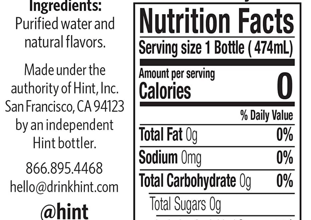 Hint water nutrition label