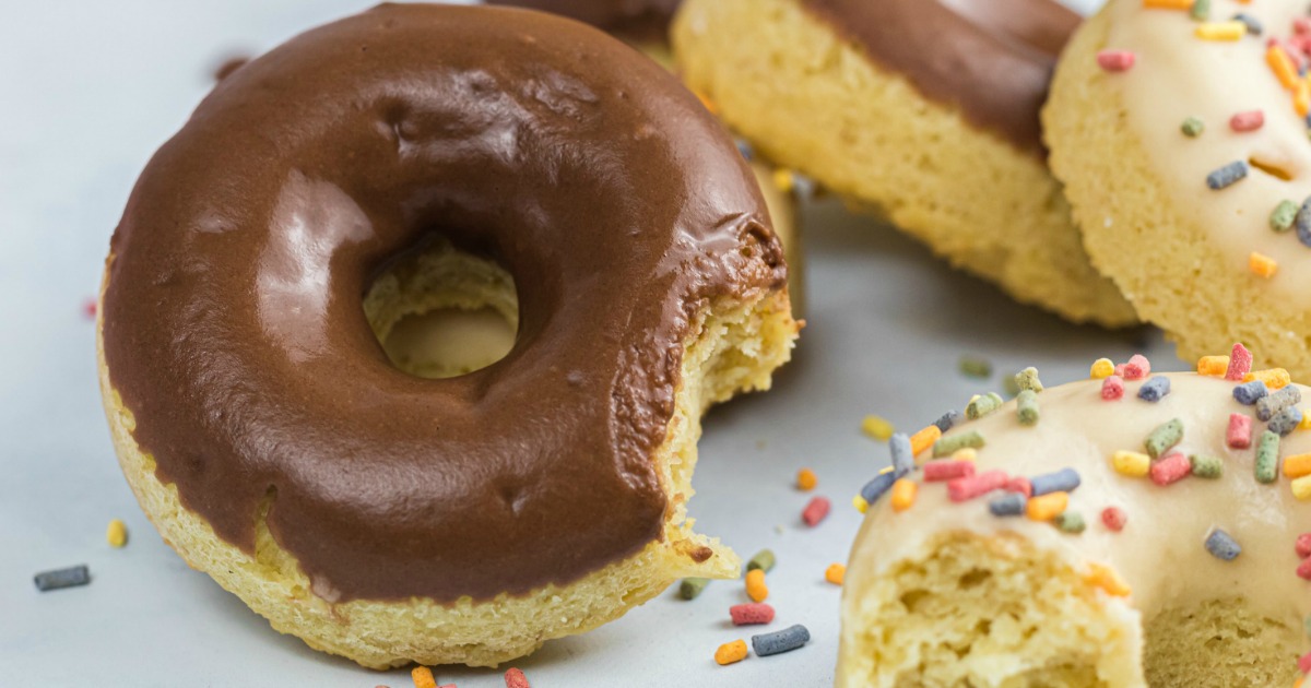 bite out of keto chocolate donut on counter 