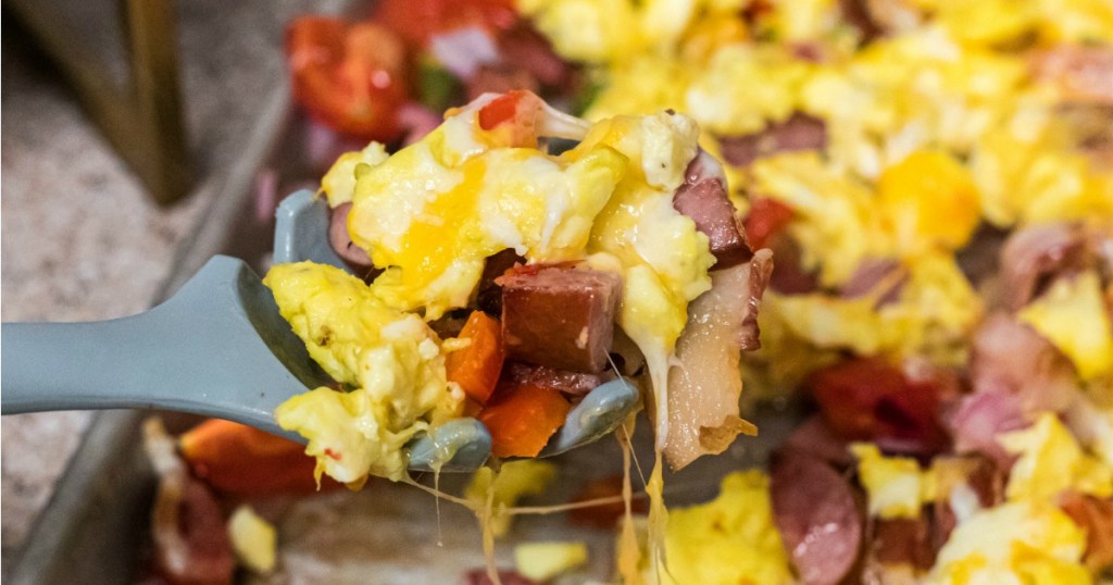 keto sheet pan breakfast on serving utensil 