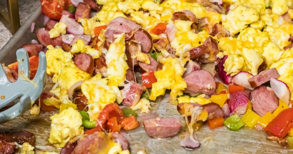 keto breakfast on sheet pan with eggs, sausage, vegetables
