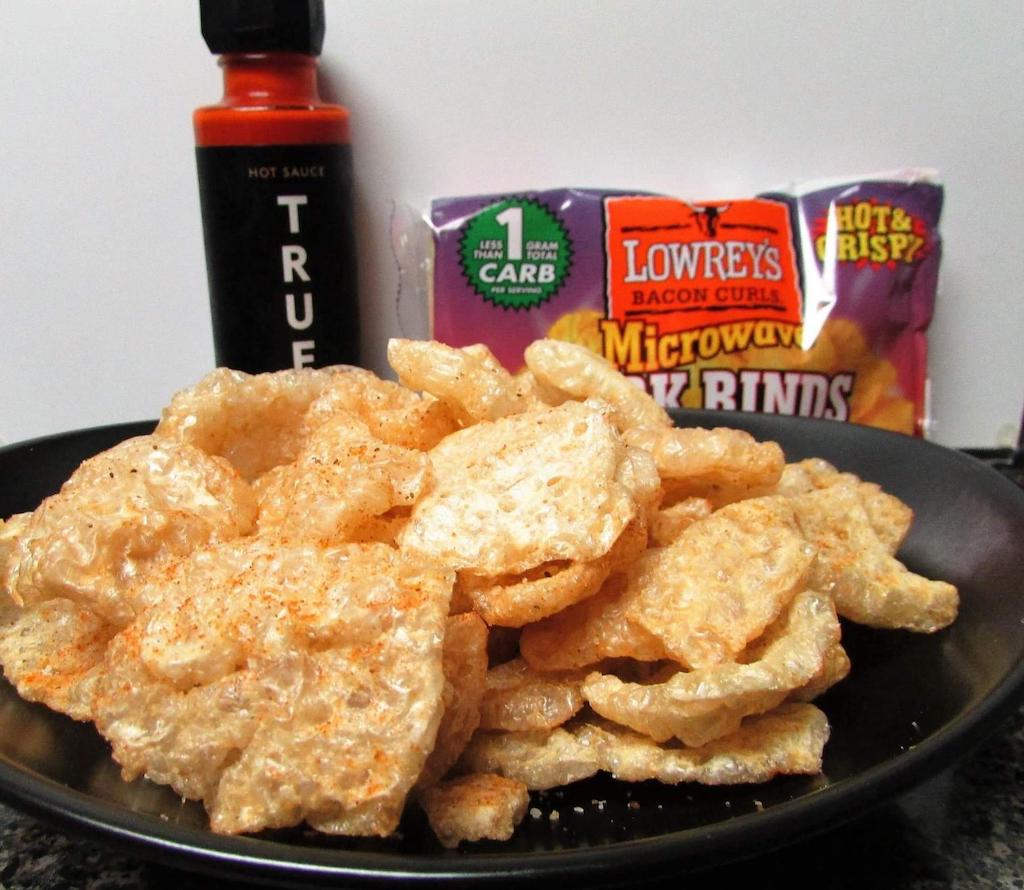 Lowrey's Microwave pork rinds on plate 