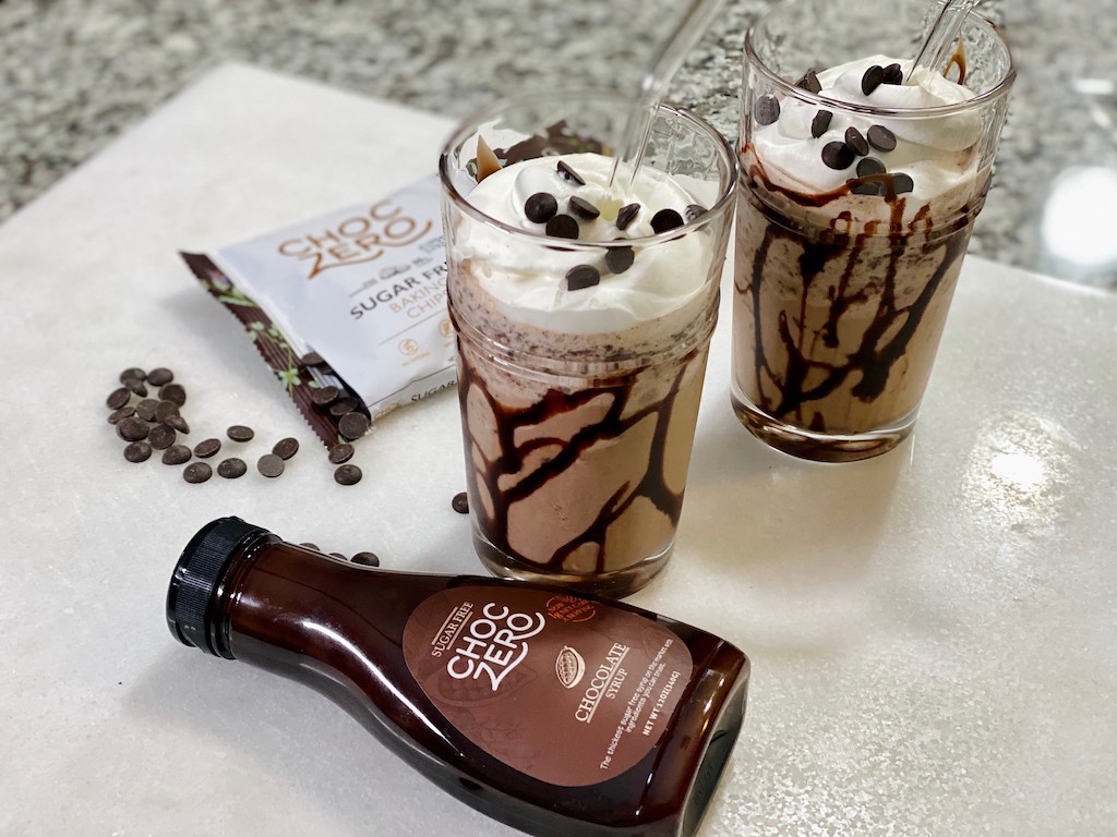 Starbucks inspired keto frapps on counter with ChocZero syrup and chocolate chips