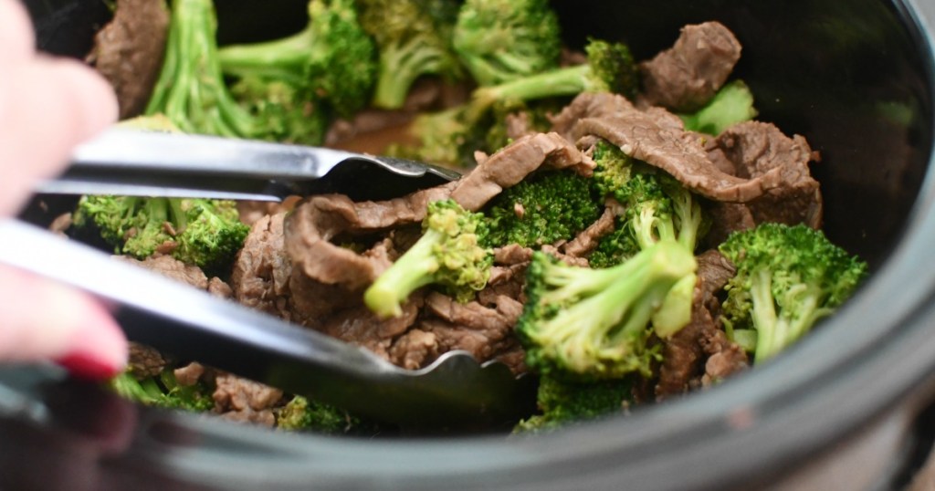 stirring beef & broccoli in the slow cooker